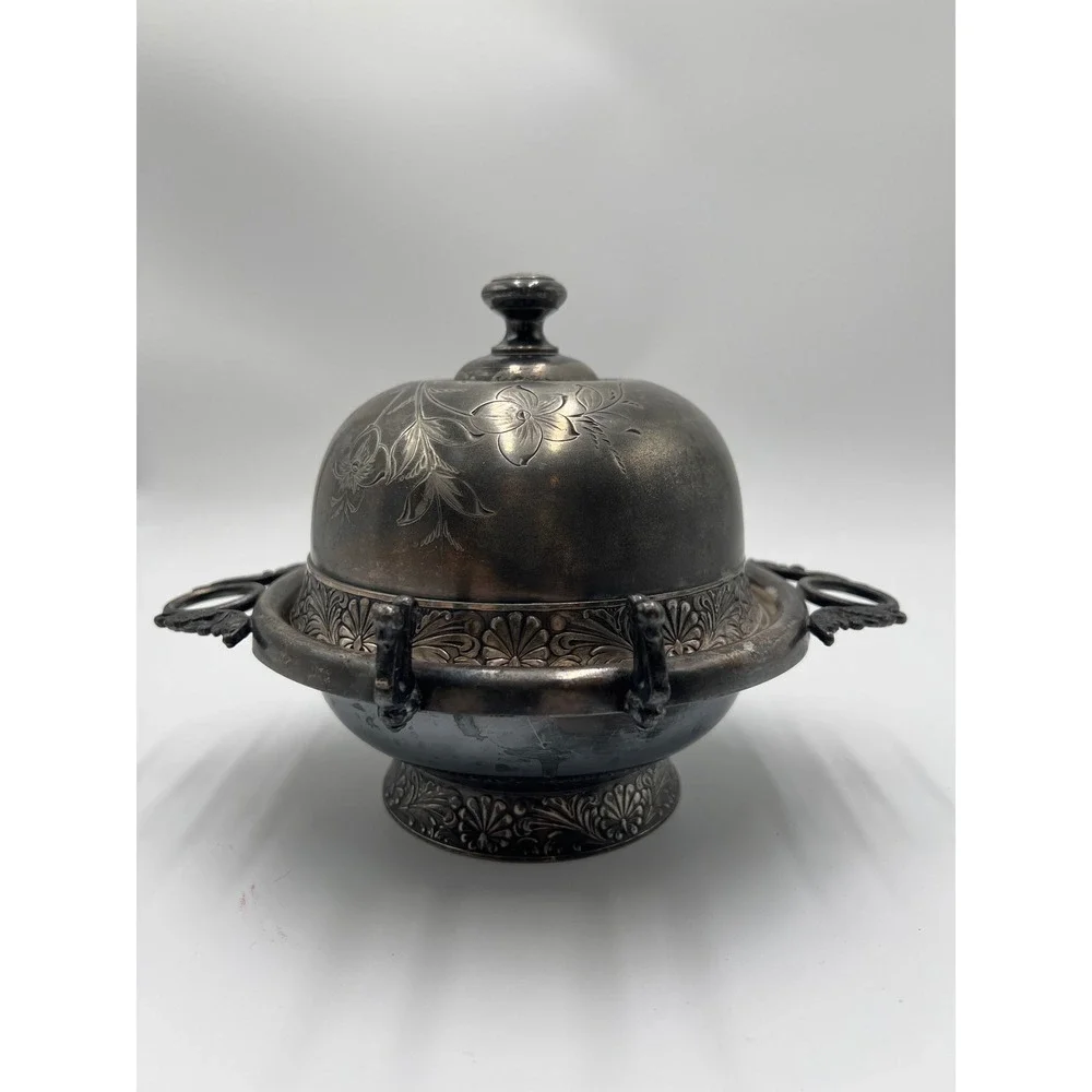 Barbour Bros Silver Quadruple Plate Butter‎ Dish with Lid Floral Engraving